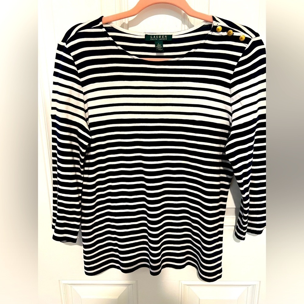 Lauren Ralph Lauren Classic 3/4 Length Sleeve Nautical Striped Top in Size Large